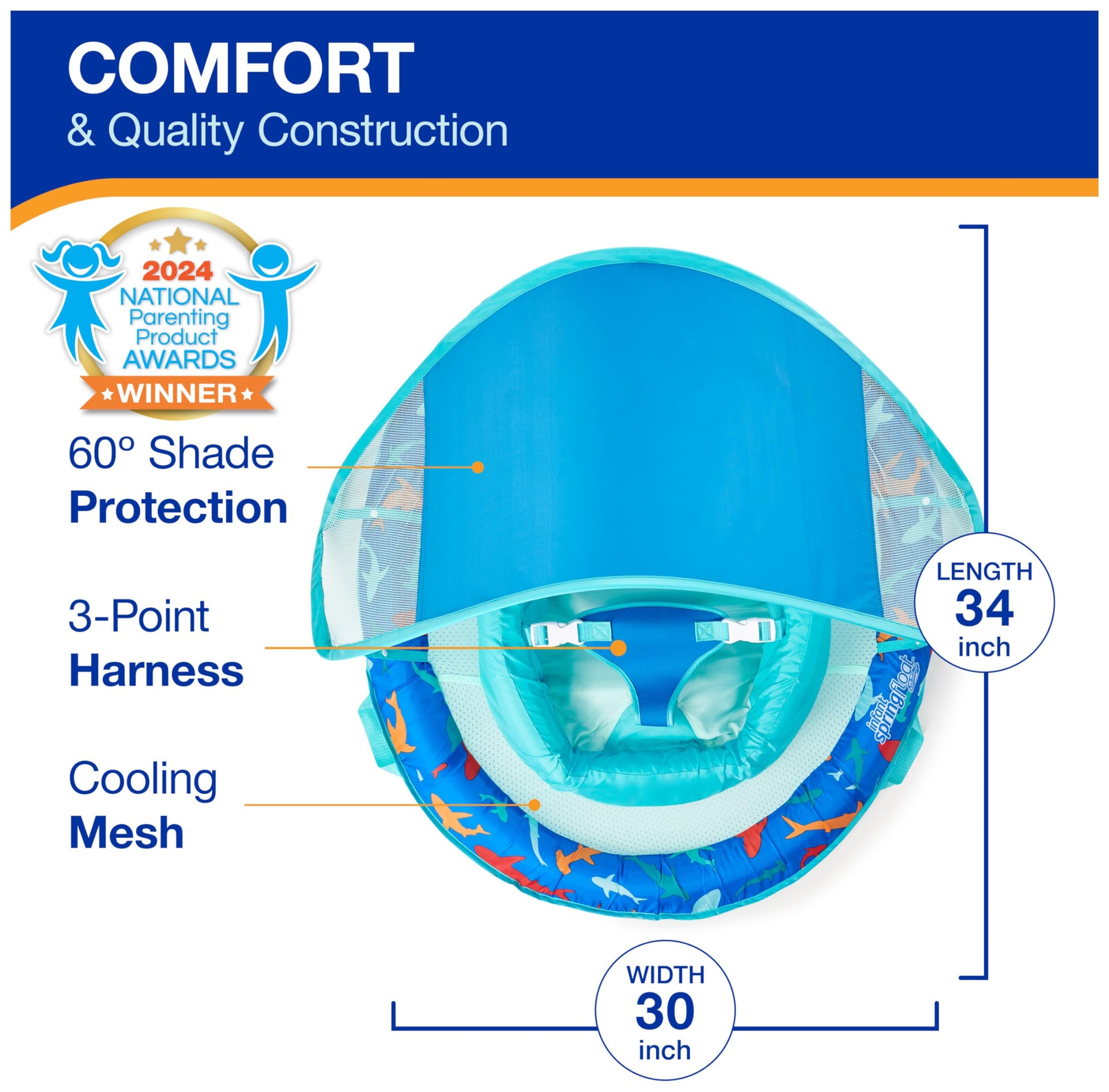 Swimways Infant Spring Float, Baby Pool Float with Canopy & UPF Protection, Swimming Pool Accessories for Kids 3-9 Months, Shark 🍁 All In One Marketplace Canada SwimWays
