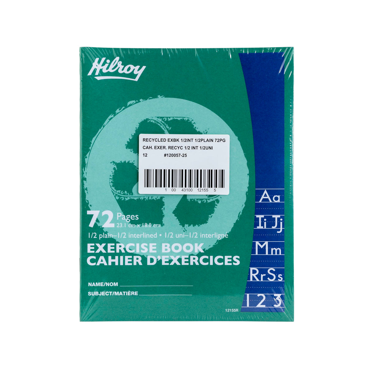 Hilroy Recycled Stitched Exercise Book, 1/2 plain, 1/2 interlined, 72 Pages/36 Sheets, 7-1/8” (180 cm) x 9-1/8” (23.1 cm) Sheet Size, Green Cover, 1 Case of 24 Books (12155R)