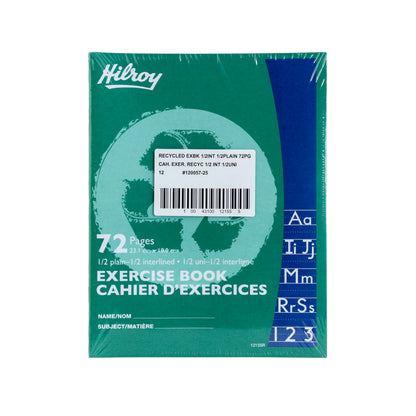 Hilroy Recycled Stitched Exercise Book, 1/2 plain, 1/2 interlined, 72 Pages/36 Sheets, 7-1/8” (180 cm) x 9-1/8” (23.1 cm) Sheet Size, Green Cover, 1 Case of 24 Books (12155R)