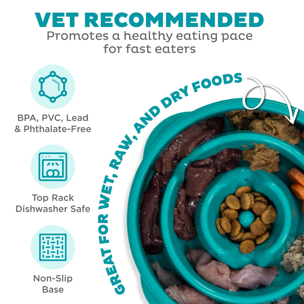 Fun Feeder Slo Bowl – Medium 2‑Cup Capacity, Slow Feeding, Small to Medium Dogs & Cats, Non-Slip, Turquoise, Drop Pattern