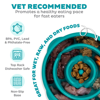 Fun Feeder Slo Bowl – Medium 2‑Cup Capacity, Slow Feeding, Small to Medium Dogs & Cats, Non-Slip, Turquoise, Drop Pattern