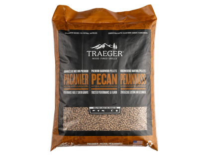 Granulés de bois 100 % naturels de pacanier Traeger pour fumoirs et barbecues à granulés. Barbecue, cuisson au four, rôtissage et grillades, sac de 9 kg.