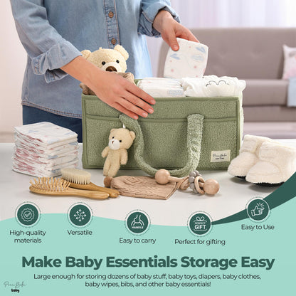 PeraBella Baby Diaper Caddy Organizer, Baby Organizers and Storage for Changing Table, Babies Shower Gift Basket for Boy &Girl, Nursery Essentials Car Caddy Organizer with Handle, Green Diaper Basket
