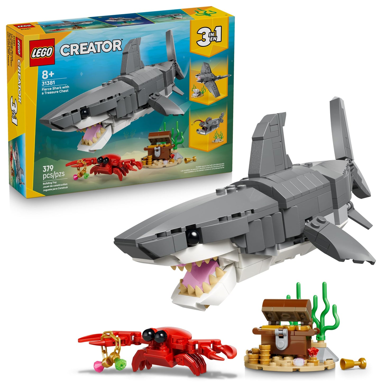 LEGO Creator Fierce Shark with a Treasure Chest Building Toy for Boys & Girls - Kids Build a Shark, Fish, or Manta Ray Animal Figure - Bedroom or Shelf Decor for Ages 8+ - 31381 LEGO