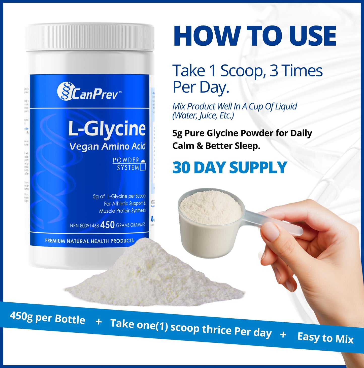 CanPrev L-Glycine Vegan Amino Acid Powder 450g – 90 Servings – Pure 5g Glycine for Active Lifestyle, Daily Calm & Recovery – Proudly Canadian-Made - Available at All In One Marketplace Canada