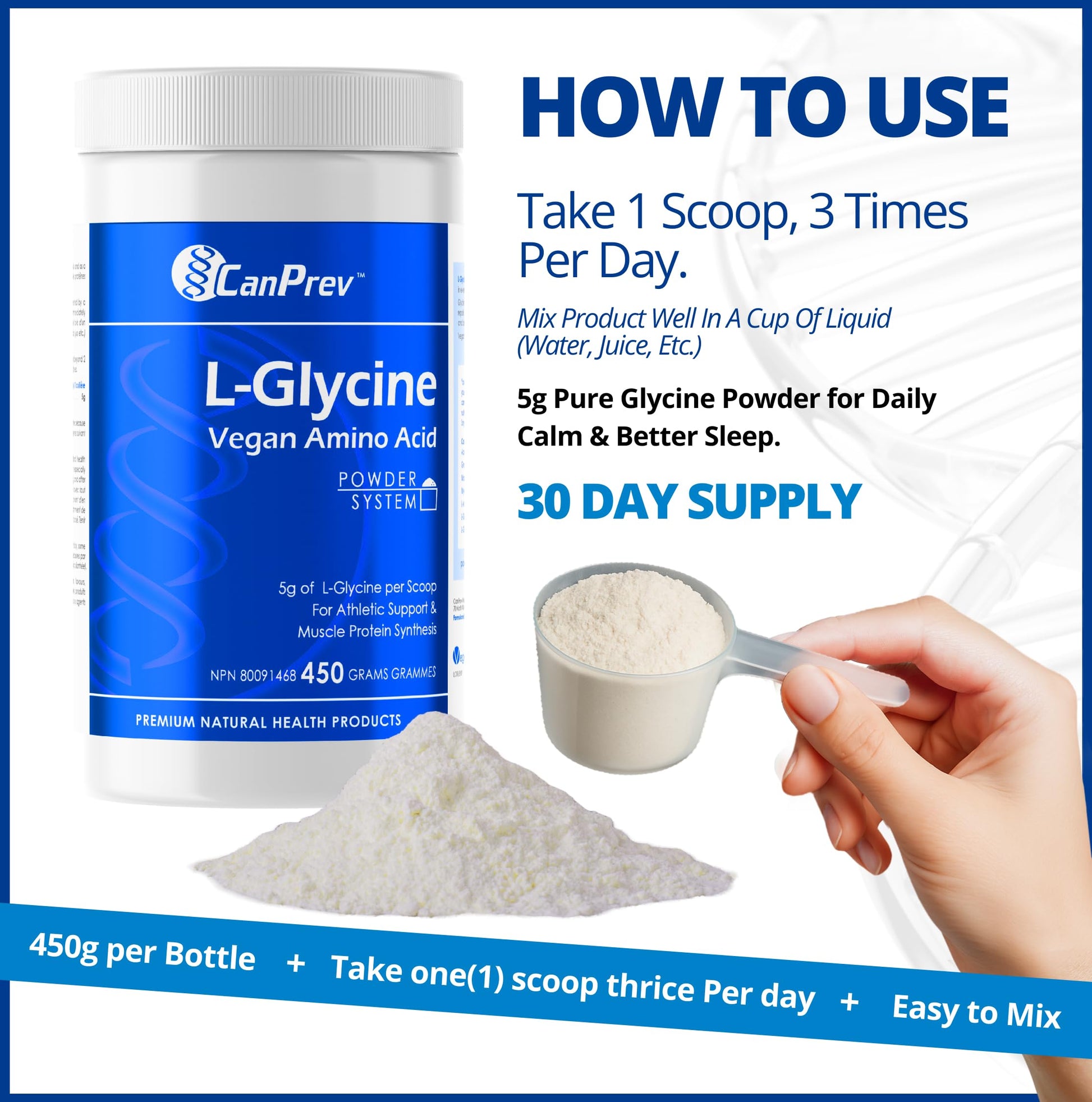 CanPrev L-Glycine Vegan Amino Acid Powder 450g – 90 Servings – Pure 5g Glycine for Active Lifestyle, Daily Calm & Recovery – Proudly Canadian-Made - Available at All In One Marketplace Canada