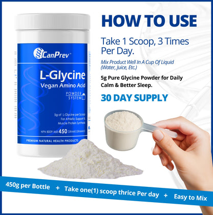 CanPrev L-Glycine Vegan Amino Acid Powder 450g – 90 Servings – Pure 5g Glycine for Active Lifestyle, Daily Calm & Recovery – Proudly Canadian-Made - Available at All In One Marketplace Canada