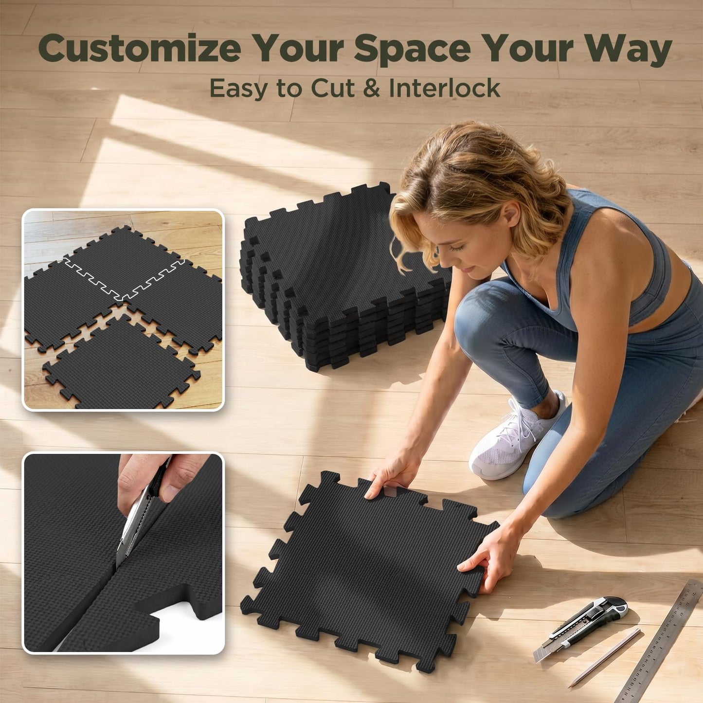 AIRHOP 12x12In Thick 18 Tiles Gym Floor Mat, High-Density EVA Foam Puzzle Gym Mat, Interlocking Foam Floor Tiles for Home Gym Exercise Equipment, Play Workout Garage Kitchen Flooring