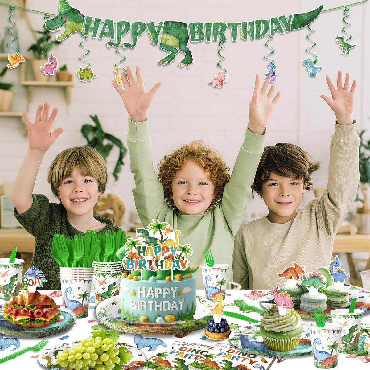 189 Pcs Dinosaur Birthday Party Supplies Set - Serves 24, Dino Decorations Kit with Banner, Balloons, Swirls, Cake Toppers, Tableware & Tablecloth for Kids' Birthday Party 🍁 All In One Marketplace Canada