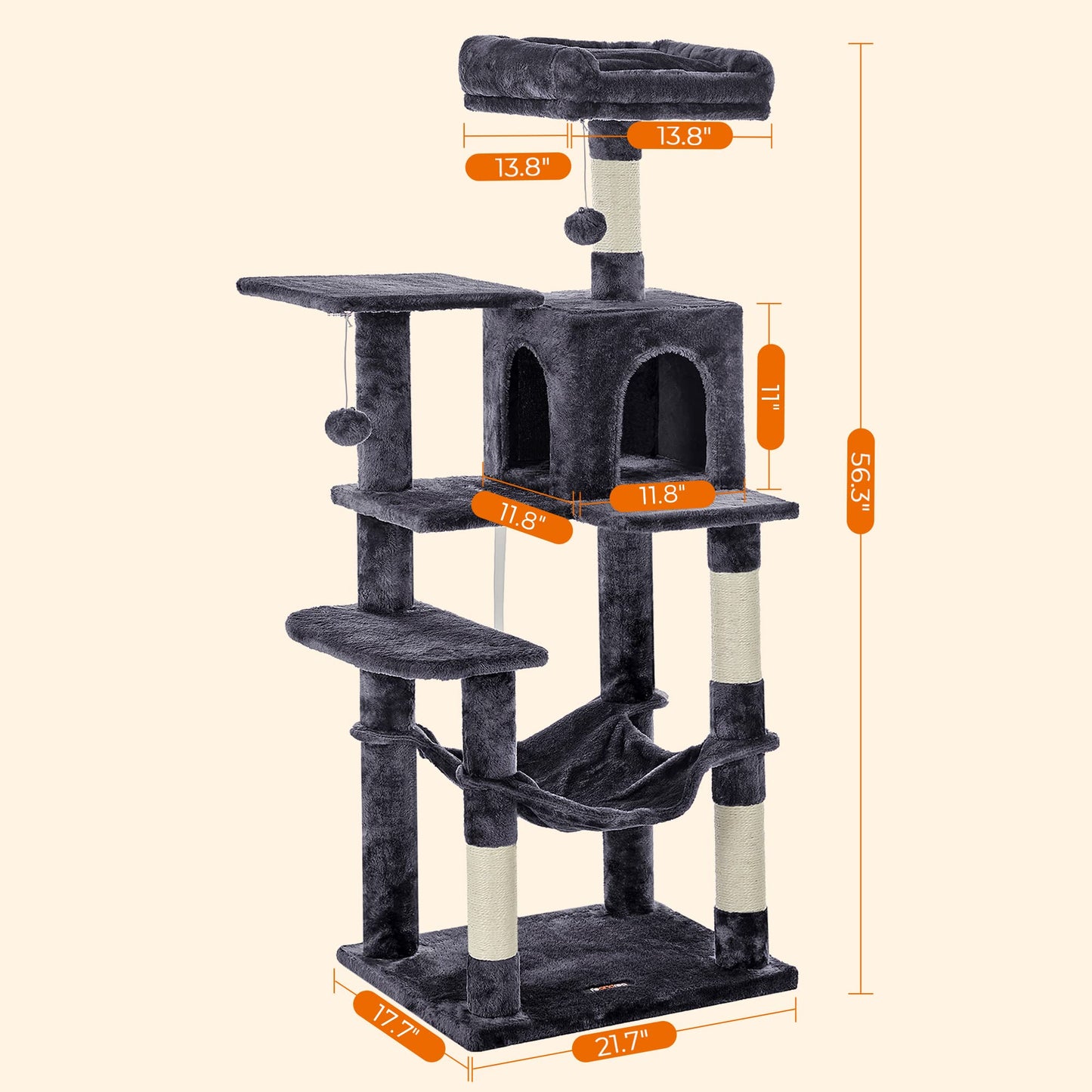 Feandrea Cat Tree Tower, 143 cm, 2 Perches, Hammock, Smoky Gray 🍁 All In One Marketplace Canada