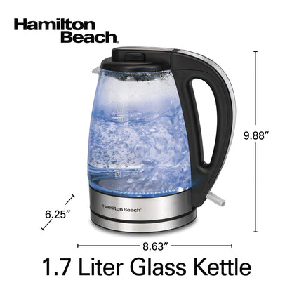 Hamiton Beach 40864C Glass Electric Kettle, 1.7 Liter Capacity, Automatic Shutoff, Cord-Free Design, Stainless Steel