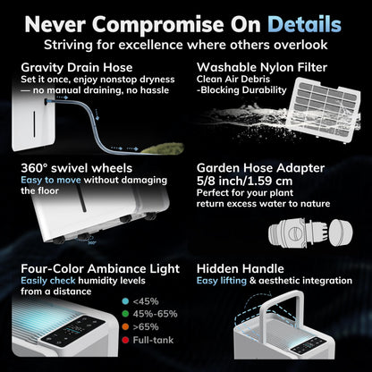 AEOCKY 50 Pint/Day Compressor Dehumidifier, 3500Sq.Ft for Basement, Home, Bedroom, Bathroom, with Drain Hose, 0.8 Gallon Water Tank Capacity, Intelligent Humidistat, Quiet - Available at All In One Marketplace Canada