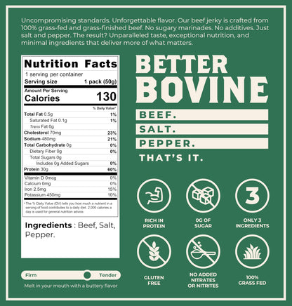 Better Bovine Grass Fed Extra Lean Beef Jerky – Salt and Pepper, 5 Pack (30g Protein, 0g Carbs, Keto & Paleo Friendly)