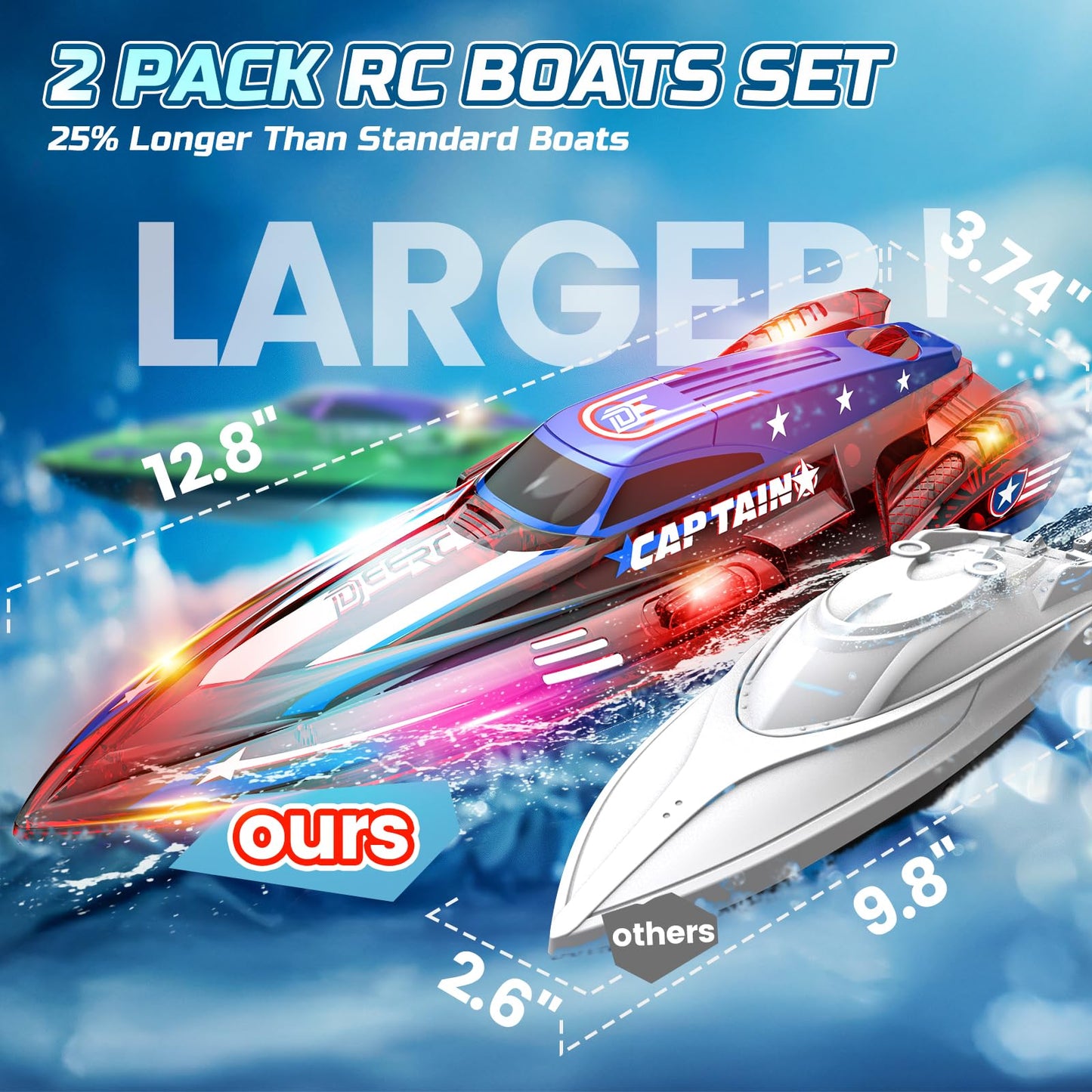 DEERC 2 Pack 13 inch Remote Control Boat for Kids, 4 Batteries, 2.4Ghz RC Racing Boat with LED Lights for Pools and Lakes, Water Summer Toy Gift