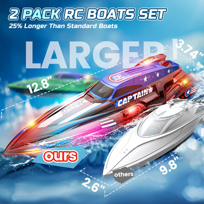 DEERC 2 Pack 13 inch Remote Control Boat for Kids, 4 Batteries, 2.4Ghz RC Racing Boat with LED Lights for Pools and Lakes, Water Summer Toy Gift