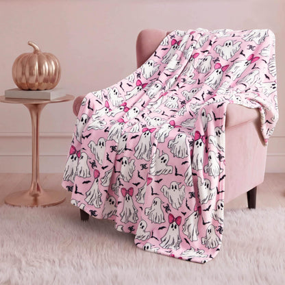 Couverture en peluche Juicy Couture à motifs de fantômes girly pour Halloween, jeté décoratif doux en polyester pour canapé ou lit, rose clair, 50" x 60"