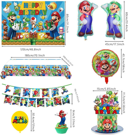 Birthday Party Decorations,48PCS Mario Cartoon Theme Supplies - 1 Backdrop, 1 Banner, 4 Aluminum Balloons, 1 Tablecloth, 25 Cake Toppers, 16 Latex Balloons. 🍁 All In One Marketplace Canada