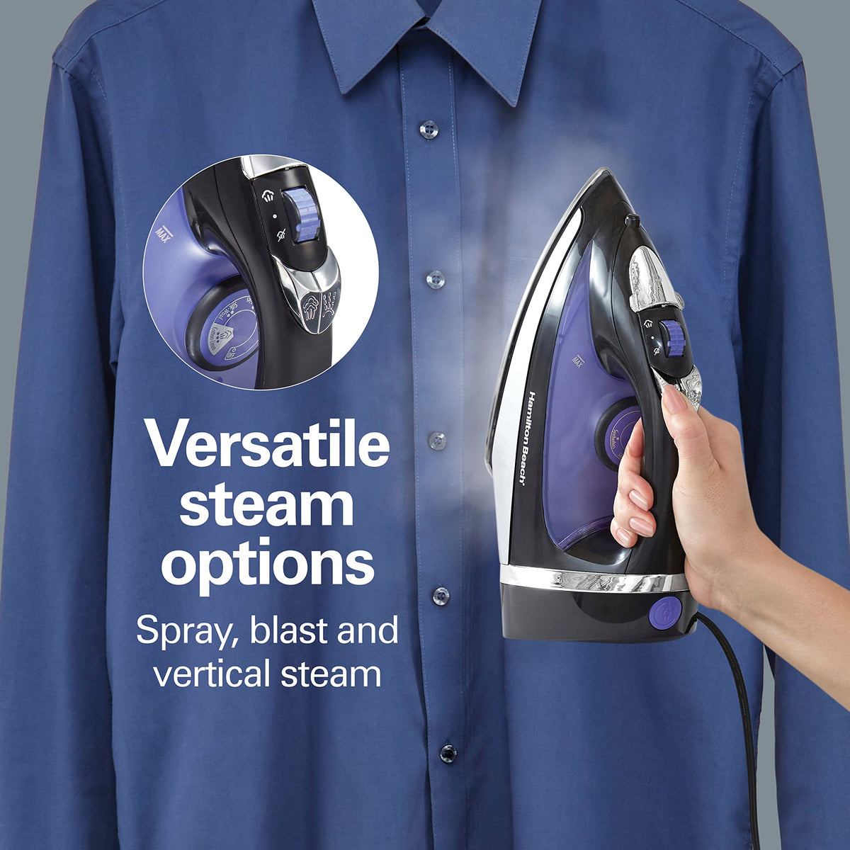 Hamilton Beach Steam Iron for Clothes, Retractable Cord Iron, Stainless Steel Soleplate, 1200W, Vertical Steam, Spray & Steam Boost, Black, 14214J