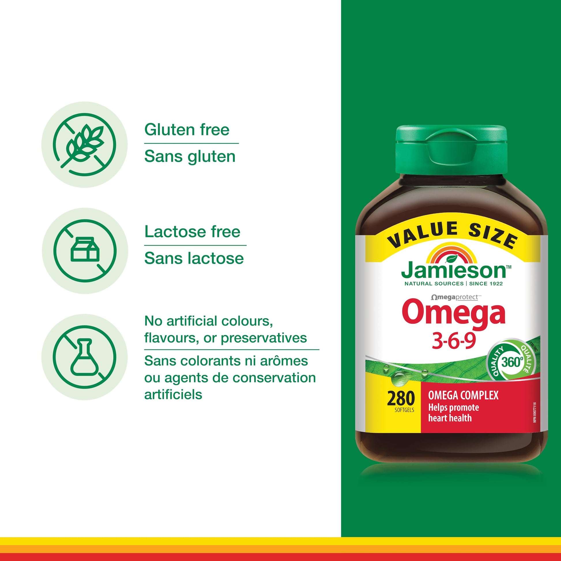Jamieson Omega 3-6-9 Softgels, Value Size, with Fish Oil, Borage Oil, Flaxseed Oil, Providing EPA, DHA, and ALA. Supports Heart and Brain Health, 280 Count, Proudly Canadian - Available at All In One Marketplace Canada