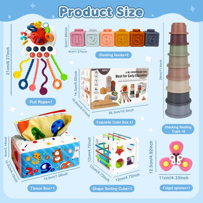 6 in 1 Baby Montessori Toys for 6-12 Months, Montessori Toys for Babies Incl Pull String Toy, Stacking Cups, Tissue Box Toy, Suction Cup Spinner Toys, Stacking Blocks, Activity Cube Gift for Boy Girl - Available at All In One Marketplace Canada