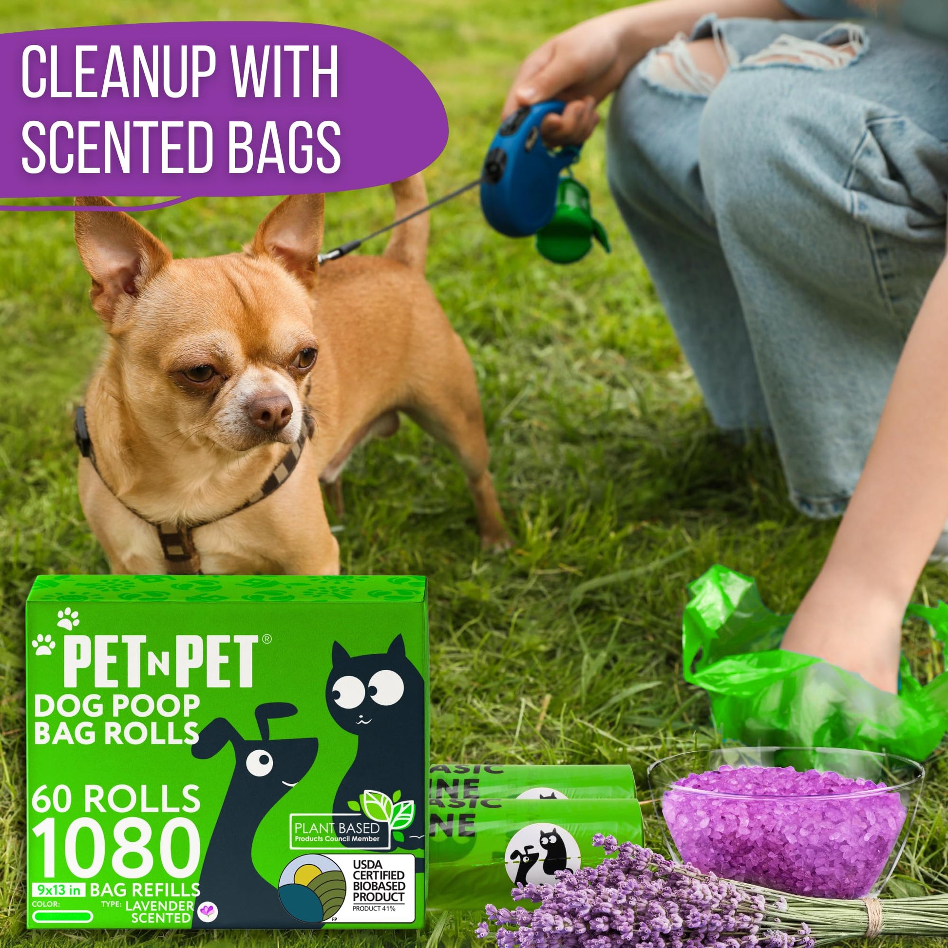 Pet N Pet Dog Poop Bags - USDA Certified 41% Plant-Based Doggy Poop Bags - Leak-Proof Sac Caca Chien Refill Rolls (1080 Count, Lavender Scented, Green)
