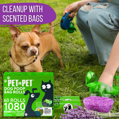 Pet N Pet Dog Poop Bags - USDA Certified 41% Plant-Based Doggy Poop Bags - Leak-Proof Sac Caca Chien Refill Rolls (1080 Count, Lavender Scented, Green)
