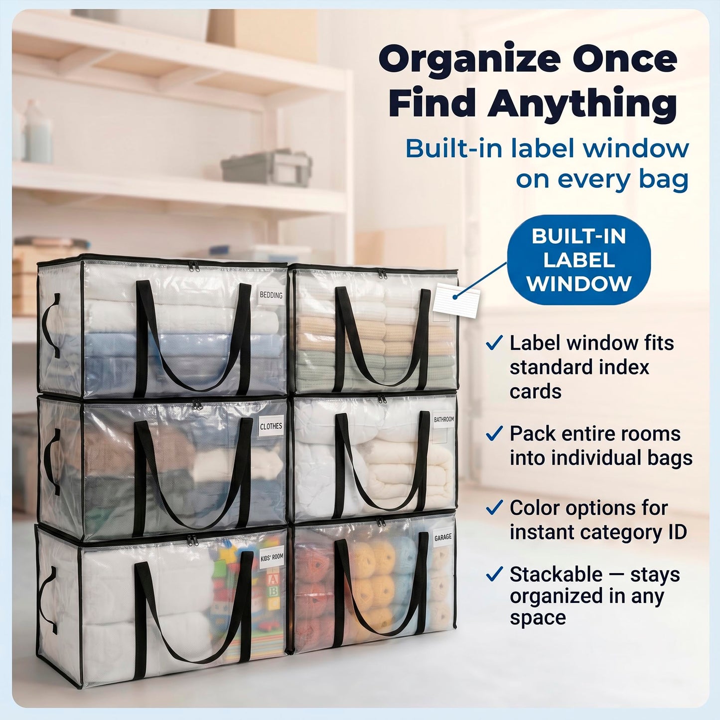 ClearSpace Oversized Moving Bags or Storage Bag – Large Moving Boxes with Backpack Straps, Zippers & Handles – Heavy-Duty Packing Bags, College Dorm, Christmas Decorations, 6 Pack