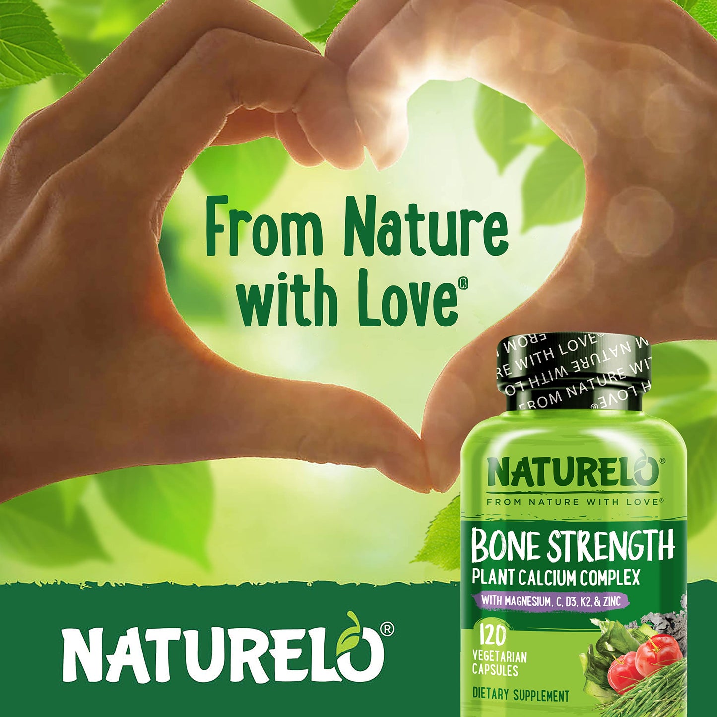 NATURELO Calcium Supplement with Vitamin C, D3, K2, Magnesium & Zinc for Bone Strength, 120 Vegetarian Capsules, with Plant-Based Calcium 600mg, Non-GMO, Soy & Gluten-Free - Available at All In One Marketplace Canada