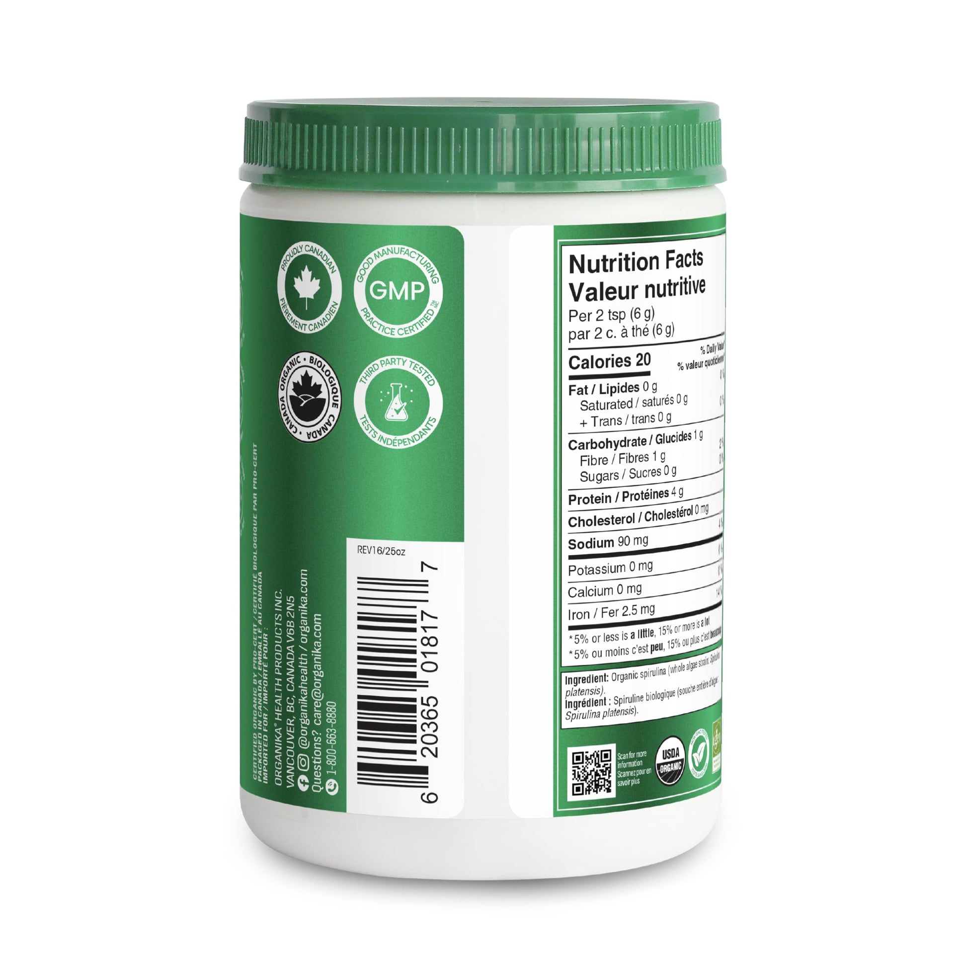 Organika Canadian-Made Certified Organic Spirulina Powder- Superfood, 3rd Party Tested, Pristine Sourcing, Vegan- 300g - Available at All In One Marketplace Canada
