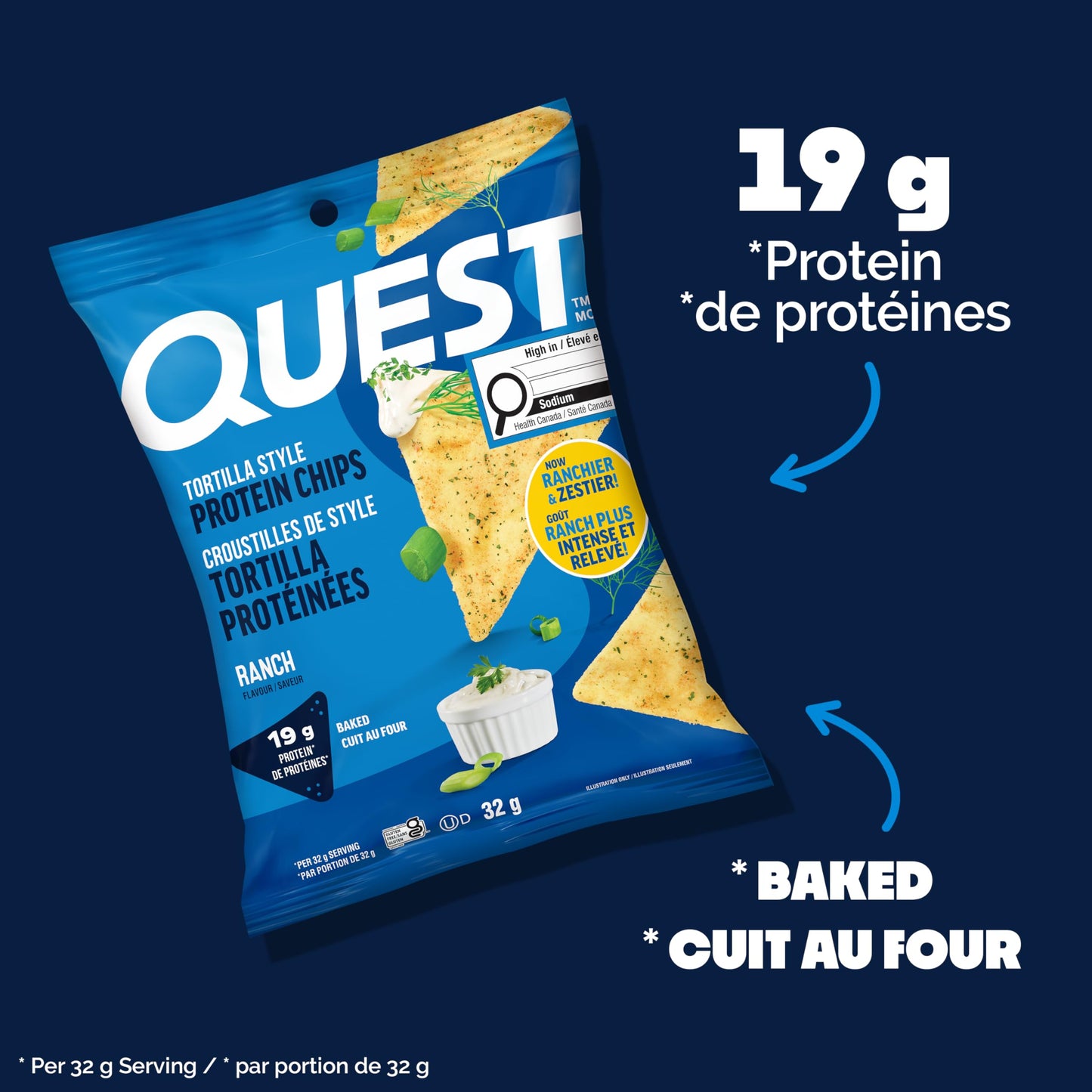 Quest Nutrition Tortilla Style Protein Chips, Ranch, High Protein, Baked, Not Fried, Gluten Free, 1g Sugar, 5g Carbs, 8ct