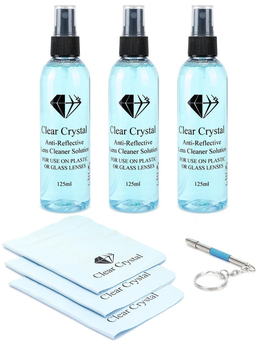 Glasses Cleaner kit - Eyeglass Cleaner including 3 Anti-Reflective Lens Cleaner bottles 125 ml Each, 3 Microfiber Cleaning Cloths, and a Screwdriver Key Chain - by Clear Crystal - Available at All In One Marketplace Canada