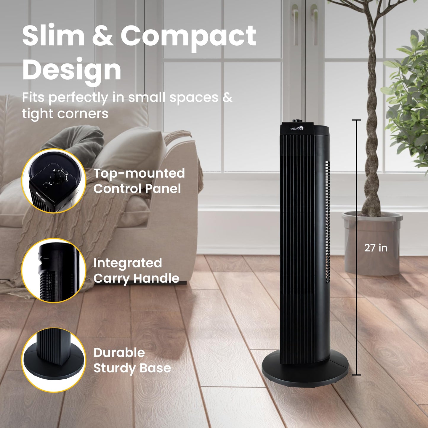 Senville 27" Standing Fan for Bedroom and Home with 60° Oscillation, 3 Speed, Compact Space-Saving Design, SENFZ10-19M - Available at All In One Marketplace Canada