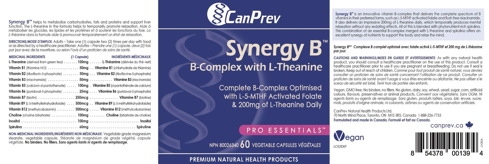 CanPrev Synergy B Complex 60 V-Caps 30-Day Supply - Vitamin B Supplement with L-Theanine 200mg - Complete B Complex Optimized with L-5-MTHF Activated Folate & Spirulina - Vegan, Non-GMO & Gluten-Free - Available at All In One Marketplace Canada