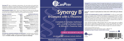 CanPrev Synergy B Complex 60 V-Caps 30-Day Supply - Vitamin B Supplement with L-Theanine 200mg - Complete B Complex Optimized with L-5-MTHF Activated Folate & Spirulina - Vegan, Non-GMO & Gluten-Free - Available at All In One Marketplace Canada