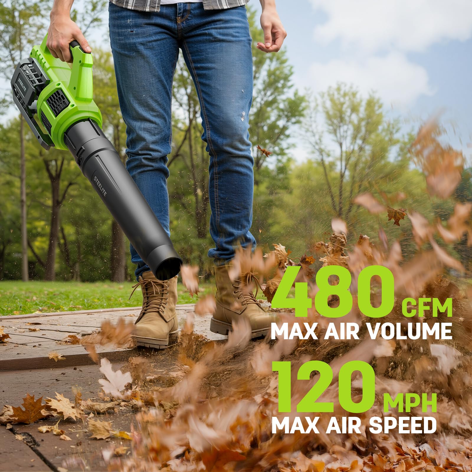 STEELITE 21V Cordless Leaf Blower – Turbo Mode 480CFM 120MPH, 2×4.0Ah Batteries & Fast Charger, Lightweight Electric Blower for Leaves, Dust & Patio Cleaning