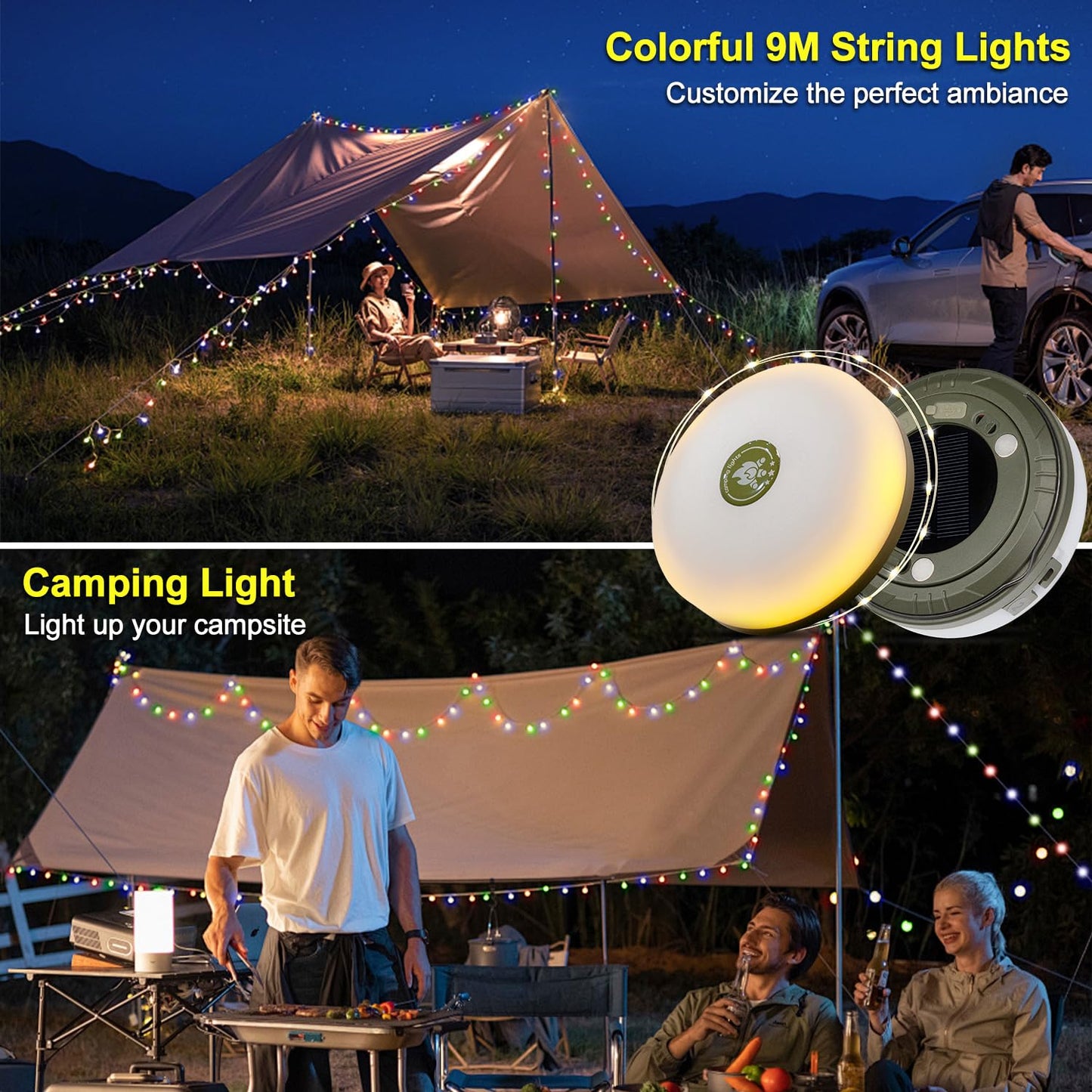 HAMLITE Solar Camping String Lights: 4 in 1 Camping Fairy Light - 32.8Ft Camping Lights with 5 Modes - USB Outdoor String Lights Rechargeable - Waterproof Retractable String Light for Hiking, Tent, RV