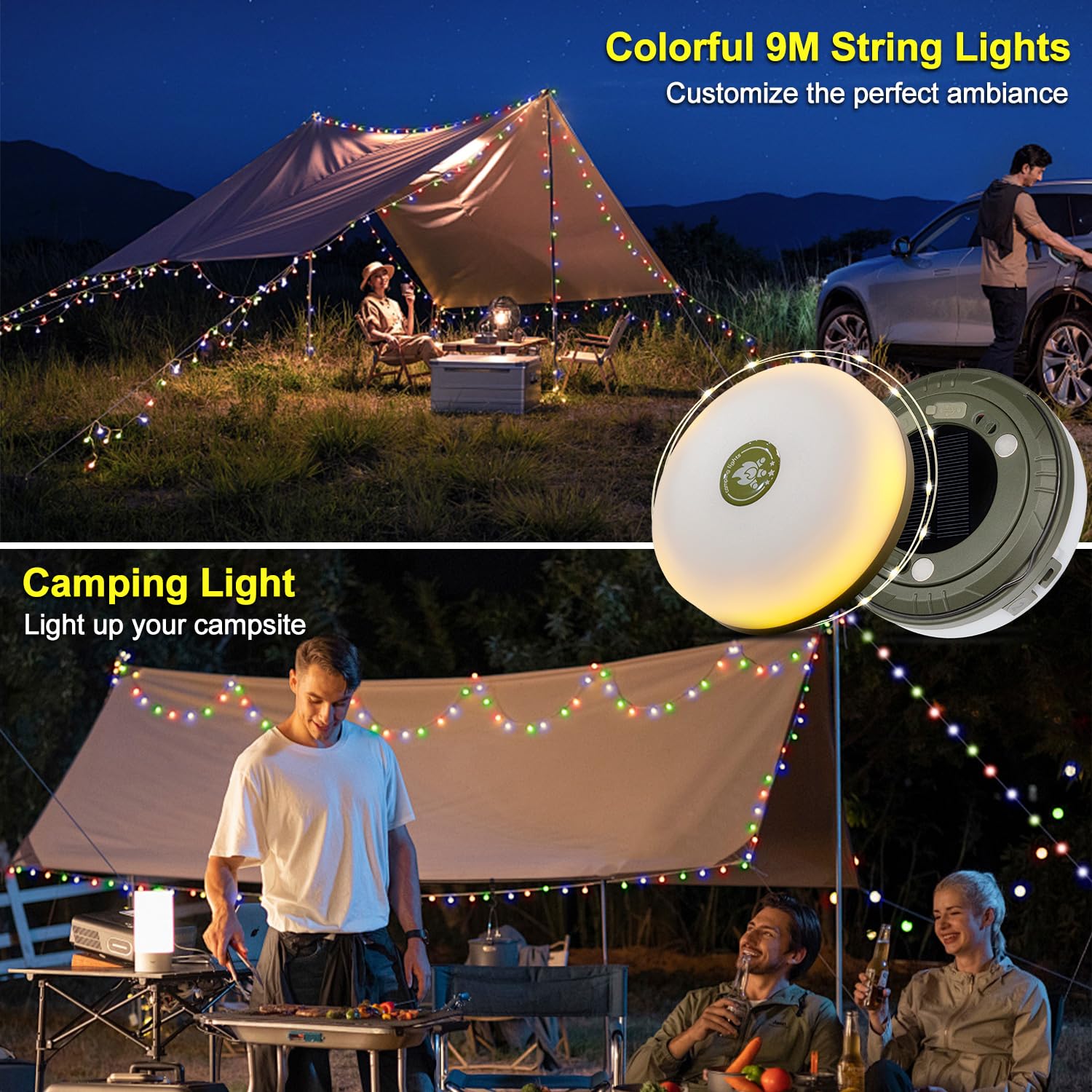 HAMLITE Solar Camping String Lights: 4 in 1 Camping Fairy Light - 32.8Ft Camping Lights with 5 Modes - USB Outdoor String Lights Rechargeable - Waterproof Retractable String Light for Hiking, Tent, RV