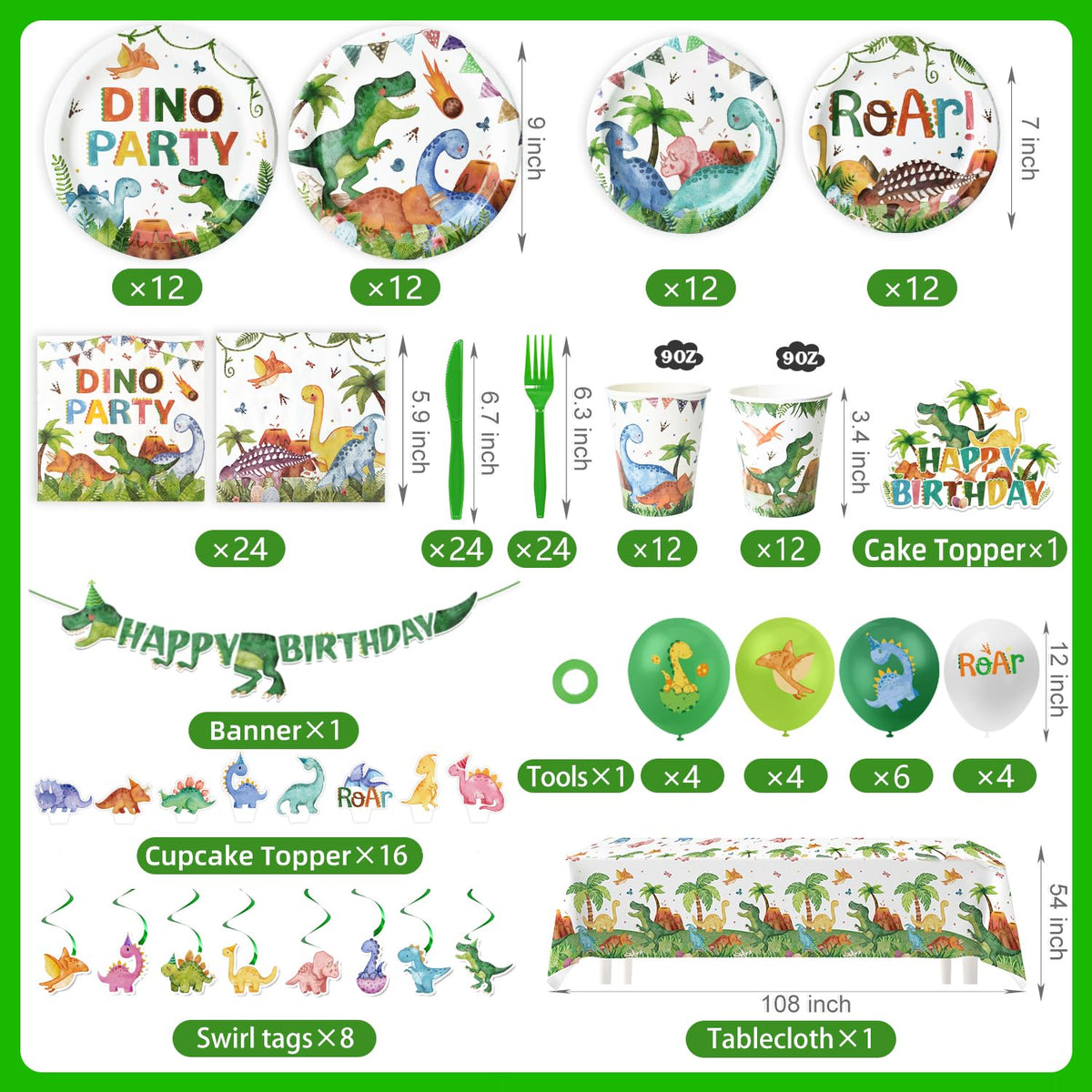 189 Pcs Dinosaur Birthday Party Supplies Set - Serves 24, Dino Decorations Kit with Banner, Balloons, Swirls, Cake Toppers, Tableware & Tablecloth for Kids' Birthday Party 🍁 All In One Marketplace Canada