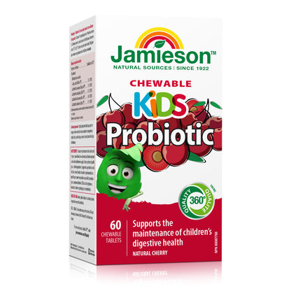 Jamieson Probiotic for Kids, 60 Chewable Tablets, 5 Billion CFU, Natural Cherry Flavour, Digestive and Intestinal Health. Non-GMO, No Artificial Colours, Flavours, or Preservatives, 60 Count - Available at All In One Marketplace Canada