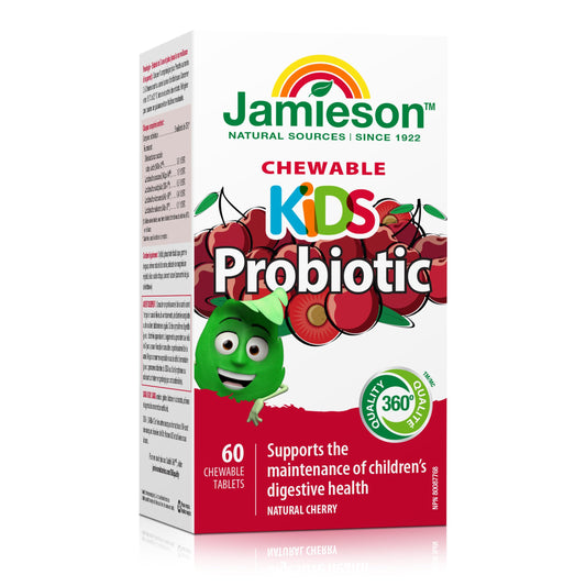 Jamieson Probiotic for Kids, 60 Chewable Tablets, 5 Billion CFU, Natural Cherry Flavour, Digestive and Intestinal Health. Non-GMO, No Artificial Colours, Flavours, or Preservatives, 60 Count - Available at All In One Marketplace Canada