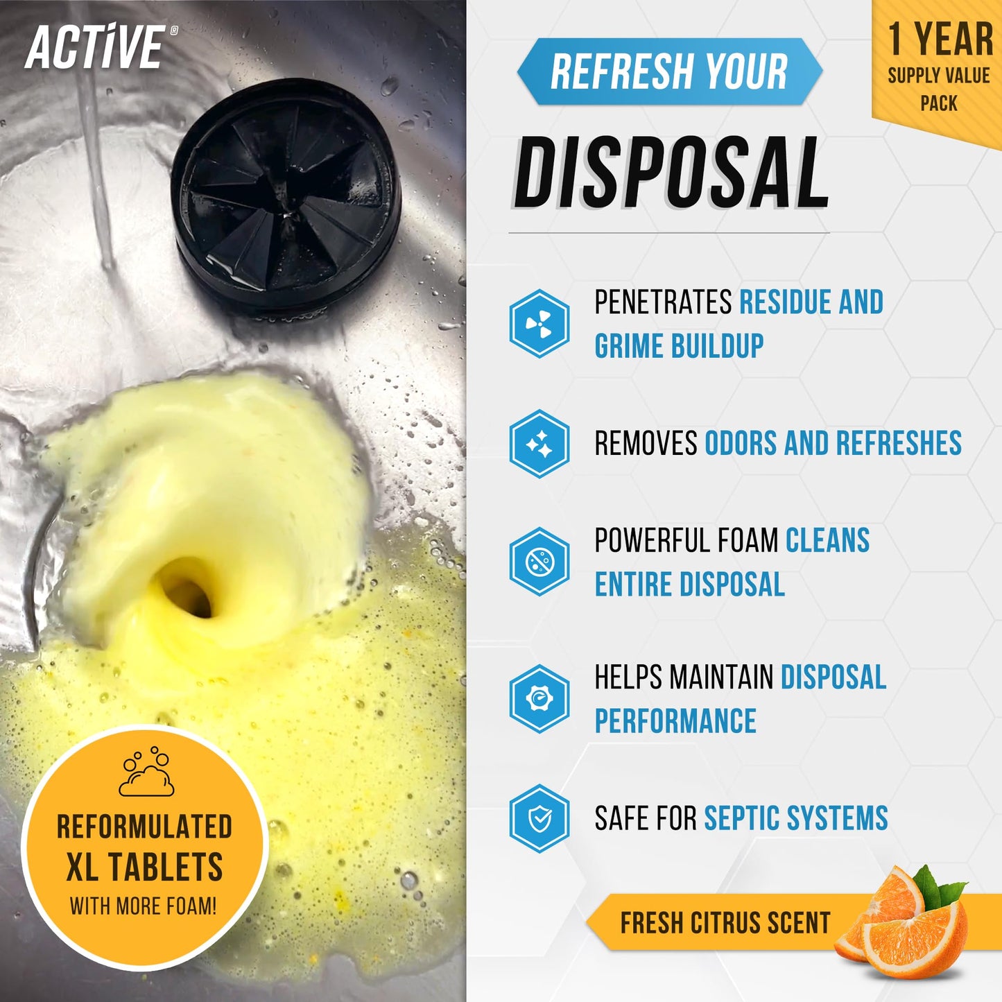 Garbage Disposal Cleaner Deodorizer Tablets - ACTIVE XL Foaming Tablet, 24 Pack Fresh Citrus Scented Tabs, New Powerful Foam Freshener for Cleaning Sink Disposal, Garburator, Disposer - 1 Year Supply - Available at All In One Marketplace Canada