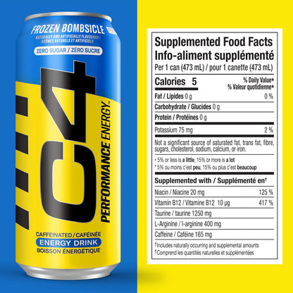 Cellucor C4 Performance Energy Drink, Frozen Bombsicle, Carbonated Sugar Free Drink with no Artificial Colours or Dyes, 473mL, 12 count