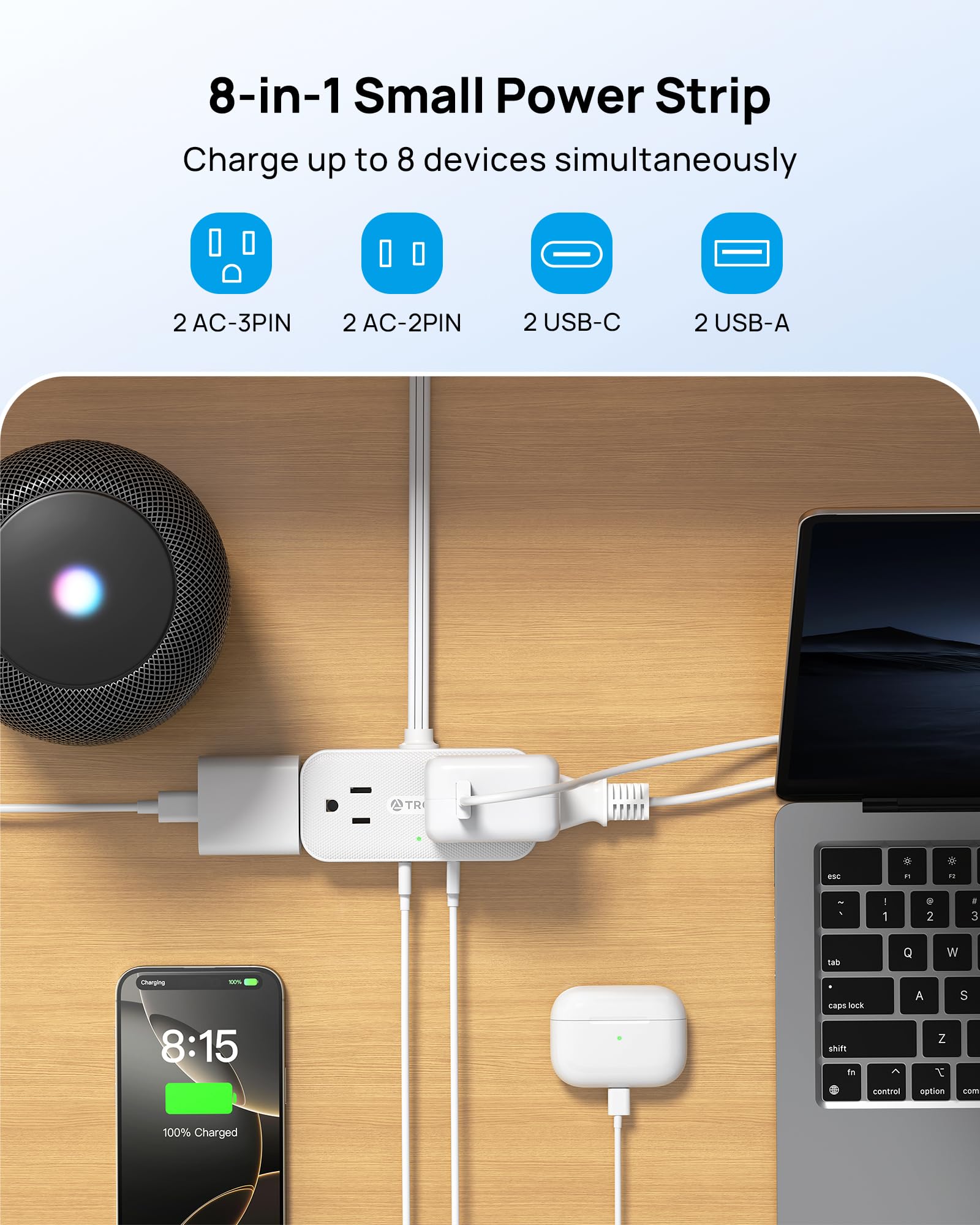 TROND Surge Protector Power Bar with 4 USB Ports(2 USB C), 5FT Slim Flat Plug Extension Cord Indoor, 4 Widely Spaced Outlets, 900J, Wall Mount, Small Power Strip for Office Dorm Home Essentials, White