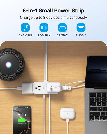 TROND Surge Protector Power Bar with 4 USB Ports(2 USB C), 5FT Slim Flat Plug Extension Cord Indoor, 4 Widely Spaced Outlets, 900J, Wall Mount, Small Power Strip for Office Dorm Home Essentials, White