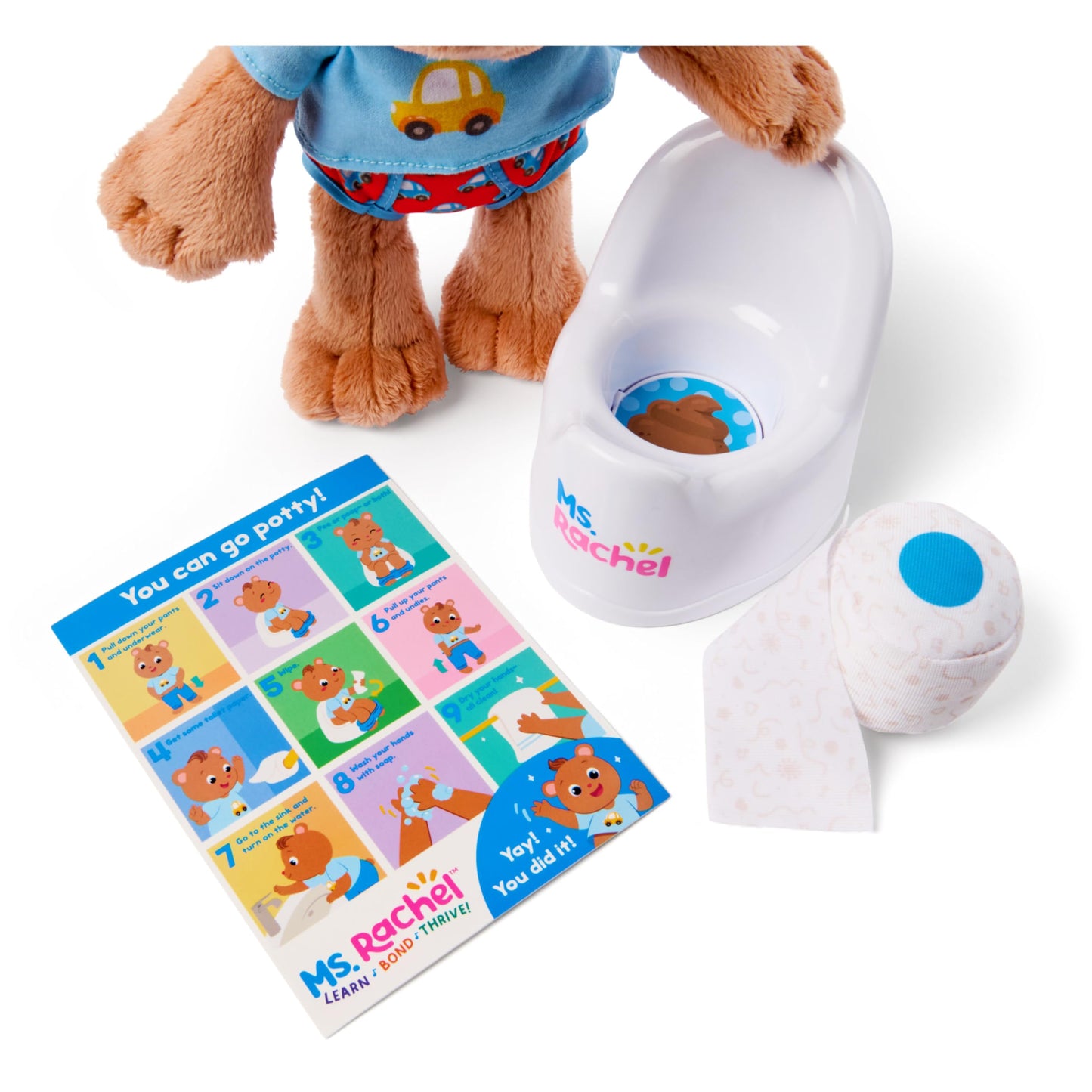 Ms. Rachel Potty Time with Bean, 11” Plush Teddy Bear with Play Toilet & Accessories, Toddler Toys for Girls & Boys for Ages 18 Months to 3+