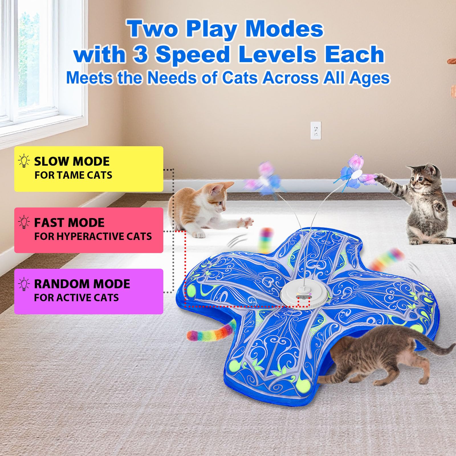 Qraxond Interactive Cat Toys for Indoor Cats,[Newly Upgraded] Rechargeable Touch Activated Hide and Seek Kitten Toy with Fluttering (Blue Cover Cloth Toy)