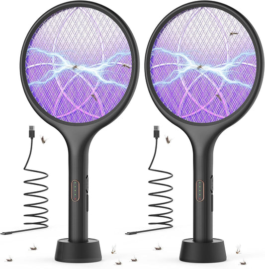 YISSVIC Bug Zapper Racket Electric Fly Swatter Fly Zapper Indoor Outdoor Rechargeable (Black-2 Piece)