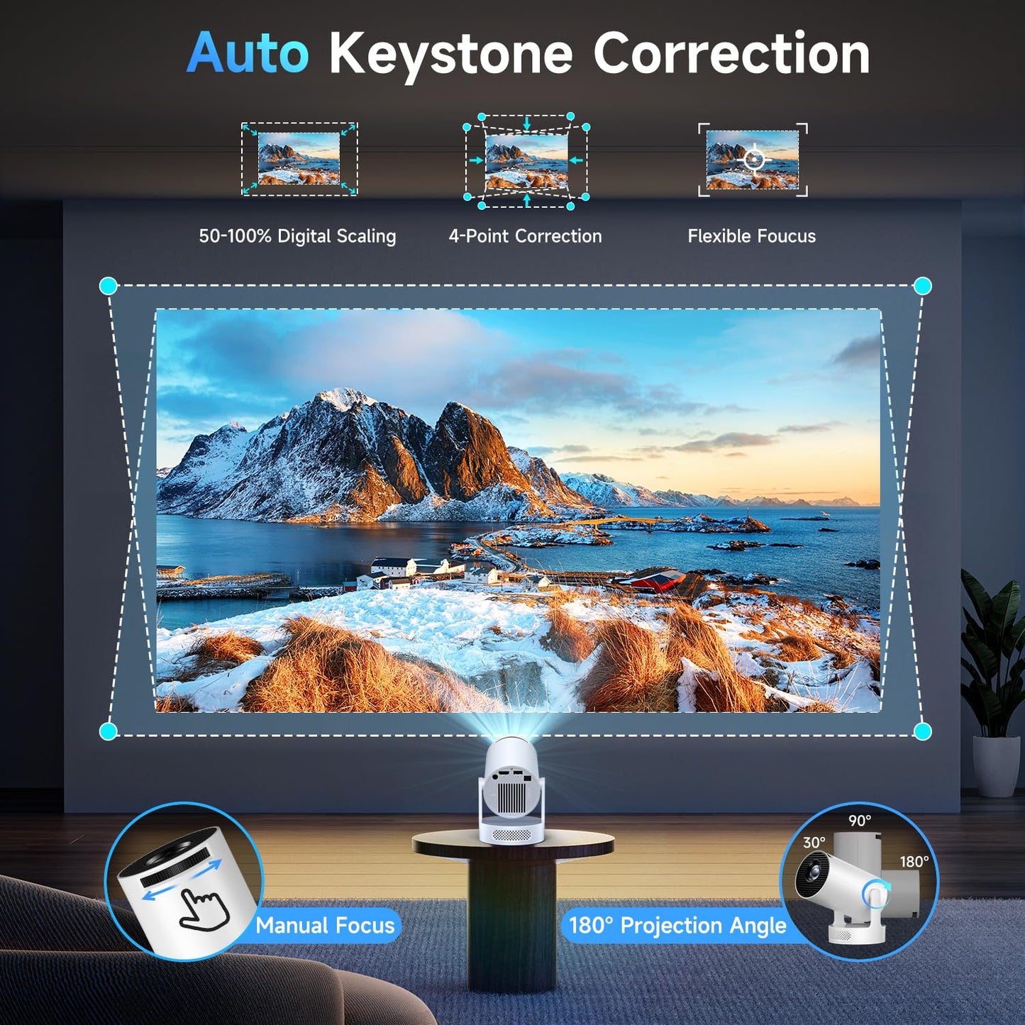 Kimwood Projector with Upgraded HiFi Speaker, [Built-in Apps] 1080P Mini Portable Projector Lower Noise Auto Keystone WiFi 6 Bluetooth 5.4 Ultra Short Throw Projectors Big Screen in Small Room