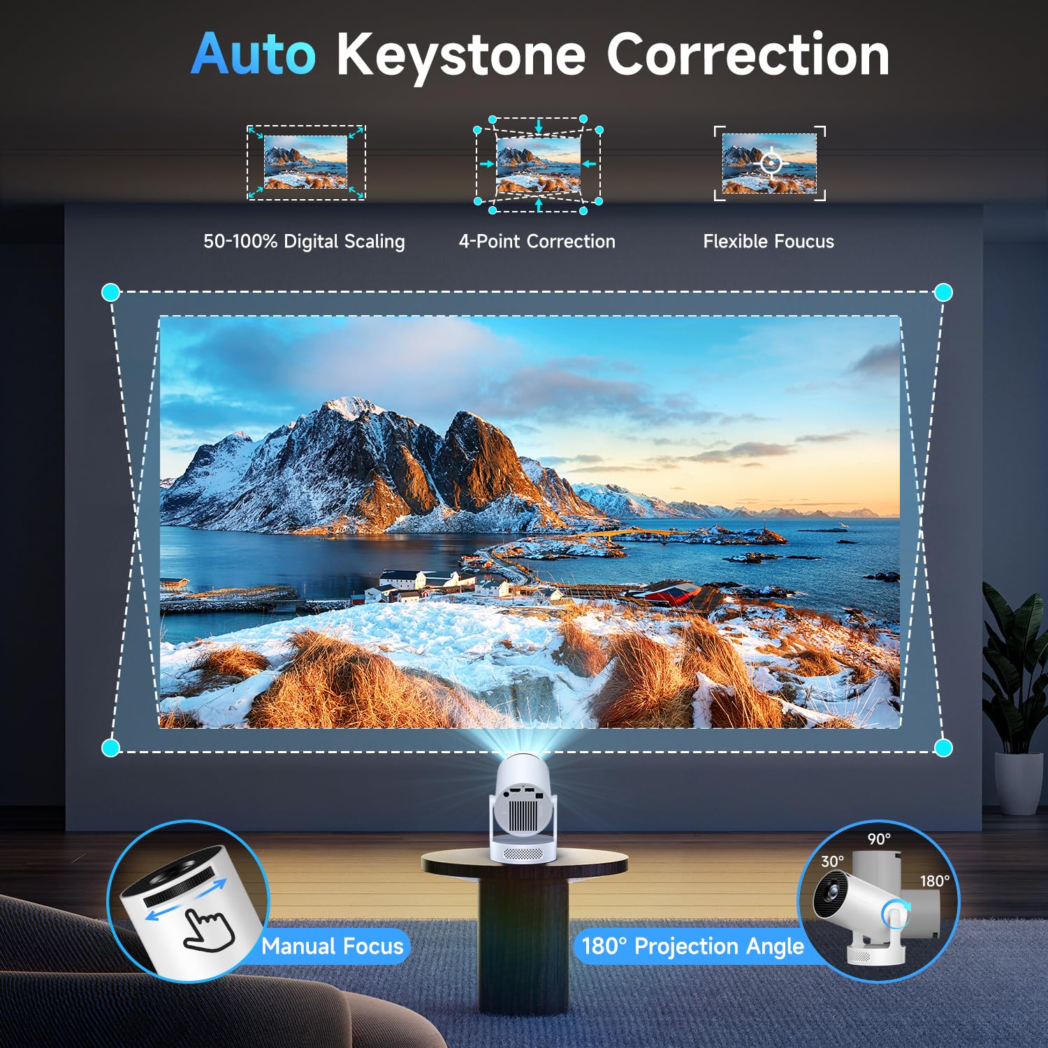Kimwood Projector with Upgraded HiFi Speaker, [Built-in Apps] 1080P Mini Portable Projector Lower Noise Auto Keystone WiFi 6 Bluetooth 5.4 Ultra Short Throw Projectors Big Screen in Small Room