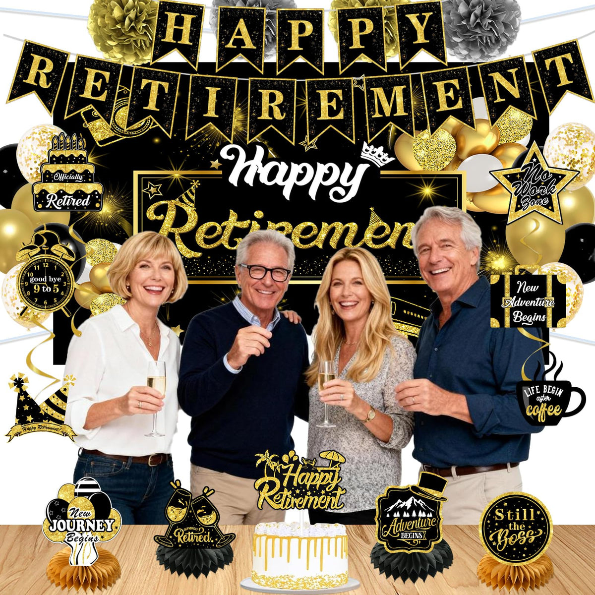 53PCS Retirement Party Decorations Kit for Men & Women, PRE-STRUNG Retirement Decor Set with 72inch Backdrop, Balloons, Sash, Cake Topper, Banner, Honeycomb Centerpieces, Hanging Swirls & Paper Poms 🍁 All In One Marketplace Canada